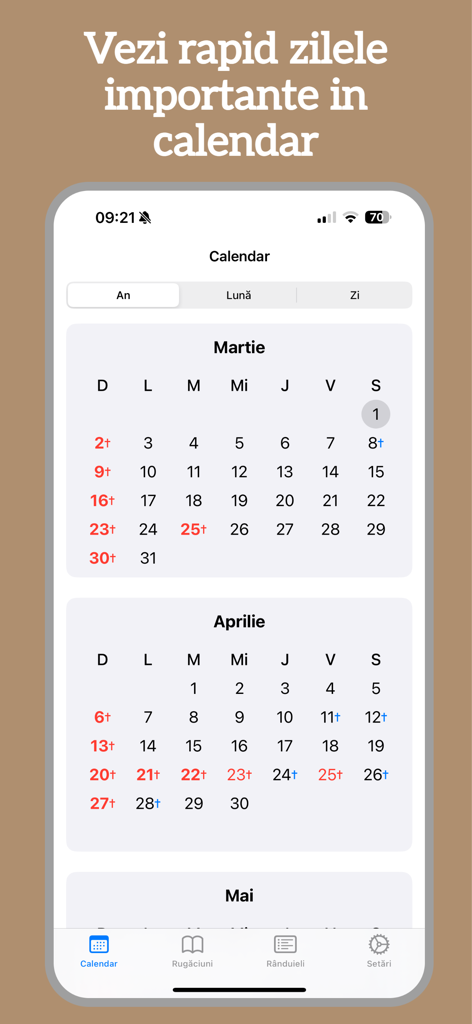 Calendar Ortodox 2026 - Une capture d'écran du Calendrier Orthodoxe Roumain 2026 montrant les fêtes religieuses mensuelles et les dates de jeûne