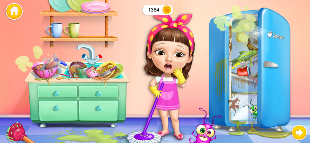 Sweet Olivia standing in a messy kitchen with dirty dishes and a smelly refrigerator