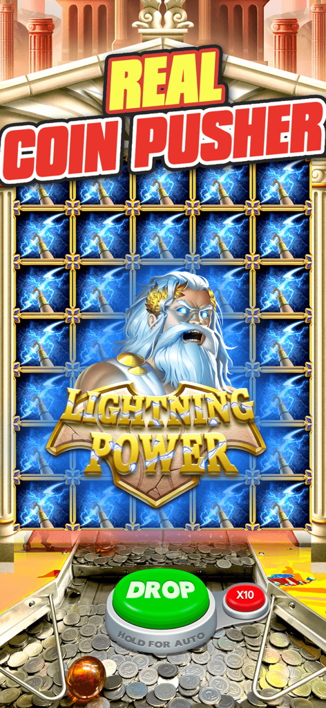 Coin Woned™ - Coin Pusher - Real coin pusher machine gameplay in Coin Woned app featuring the Zeus Lightning Power theme.