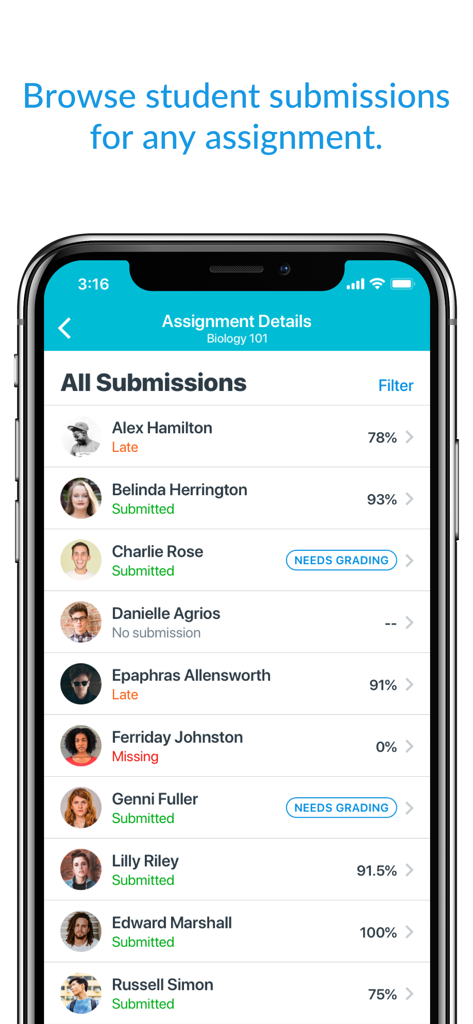 Canvas Teacher - Interfaz de la aplicación Canvas Teacher mostrando las entregas de los estudiantes y el estado de calificación.