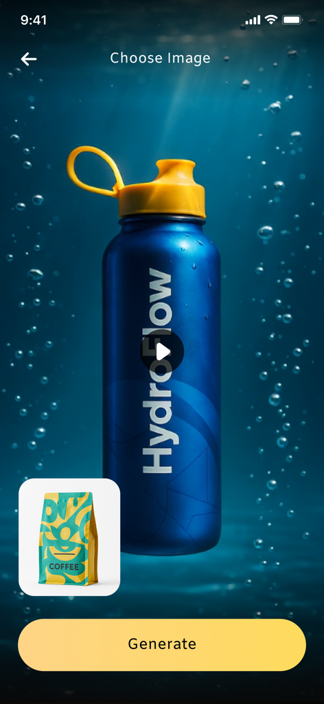 AI CGI Ads Studio: Video Ads - AI CGI Ads Studio interface showing the creation of a cinematic 3D product video for a water bottle with underwater effects.
