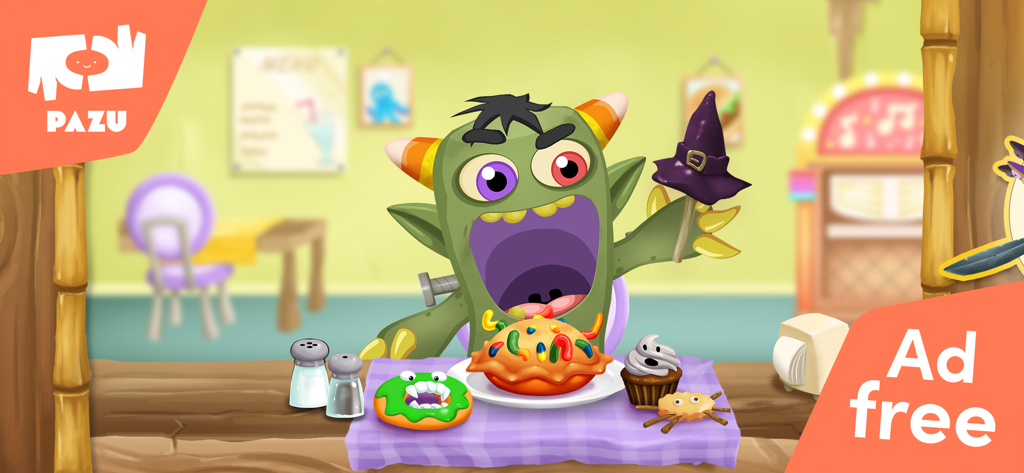 A green monster eating monster-themed food in a kitchen setting with an ad-free badge