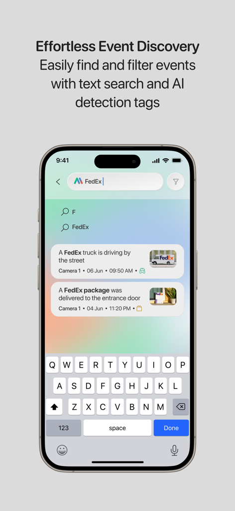 InstaVision: Smart & Safe Home - Pantalla de teléfono inteligente que muestra la interfaz de búsqueda de la aplicación InstaVision con eventos detectados por IA para entregas de FedEx.