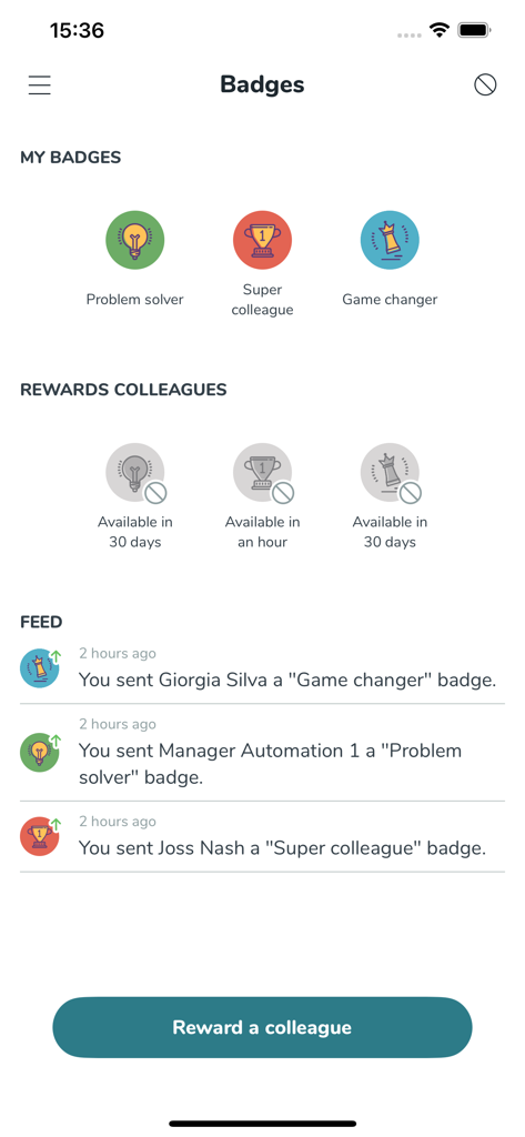 Quinyx Mobile app interface showing employee badges earned and a feed of rewards sent to colleagues