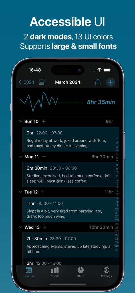 Sleep Tracker CPAP Feeltracker - Feeltracker sleep journal interface featuring accessible dark mode UI with daily sleep logs and duration trends.