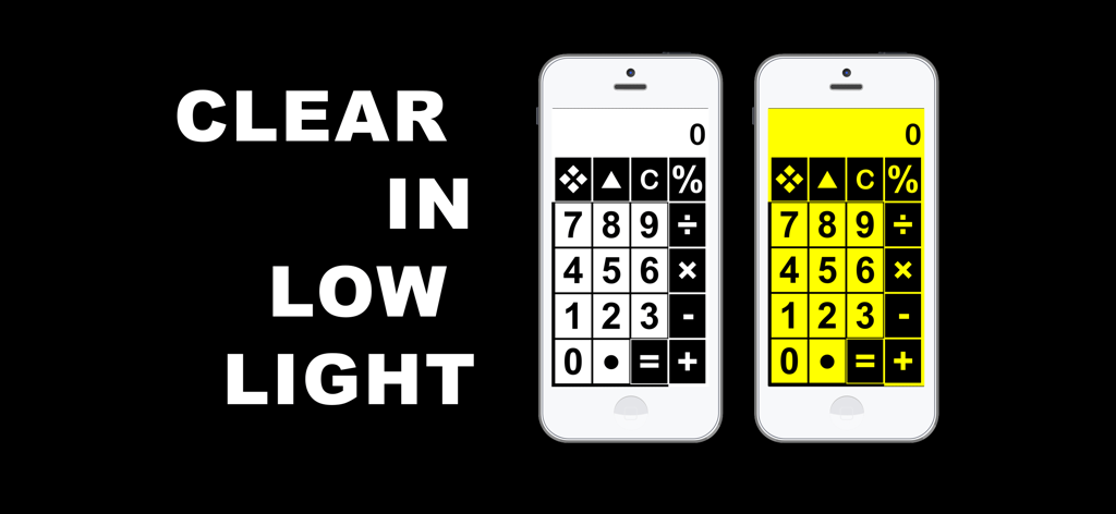 Big Calculator Low Vision - Two iPhones displaying the Big Calculator app in high-contrast black and white and yellow and black modes for low vision users.