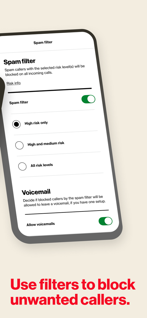 Verizon Call Filter app interface showing spam risk level settings and voicemail options on an iPhone.