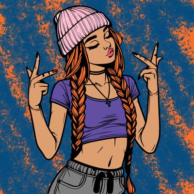 realistic teenage girl with braids and a beanie and crop top doing 🫶🏼