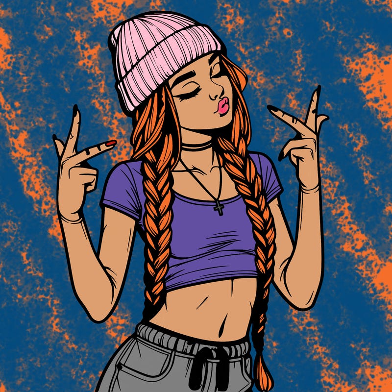 realistic teenage girl with braids and a beanie and crop top doing 🫶🏼