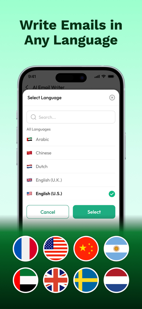 AI Email Writer - All MailBox - Smartphone interface showing multi-language selection for AI-powered email writing with various national flags