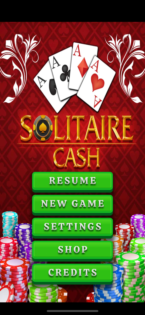 Solitaire Cash game home screen featuring four aces and menu buttons for new game and shop