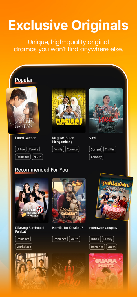 Interface of the Do Drama app showcasing exclusive original Malaysian short dramas with categories like Popular and Recommended For You.