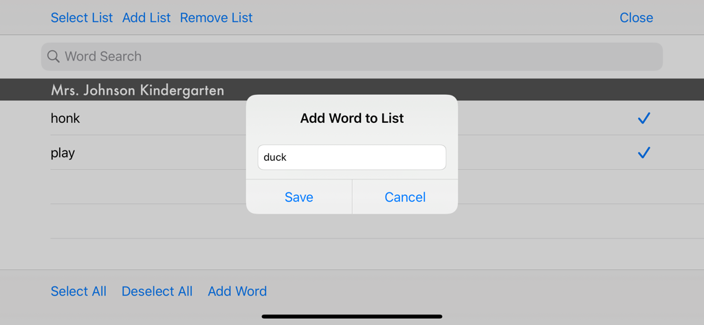 Fun Sight Words - Interface showing how to add a custom word to a sight word list in the Fun Sight Words app