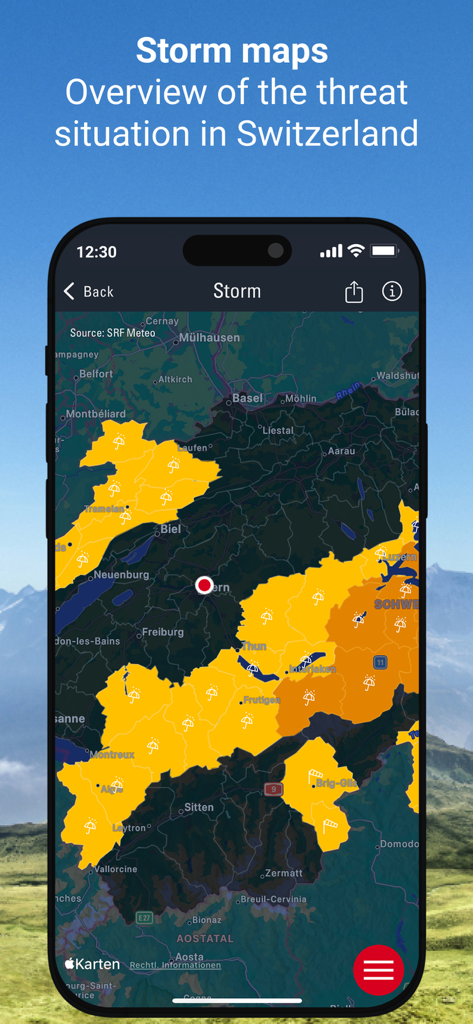 Weather Alarm: Switzerland - Mapa de tormentas que muestra regiones con advertencias de clima severo en toda Suiza en la aplicación Weather Alarm