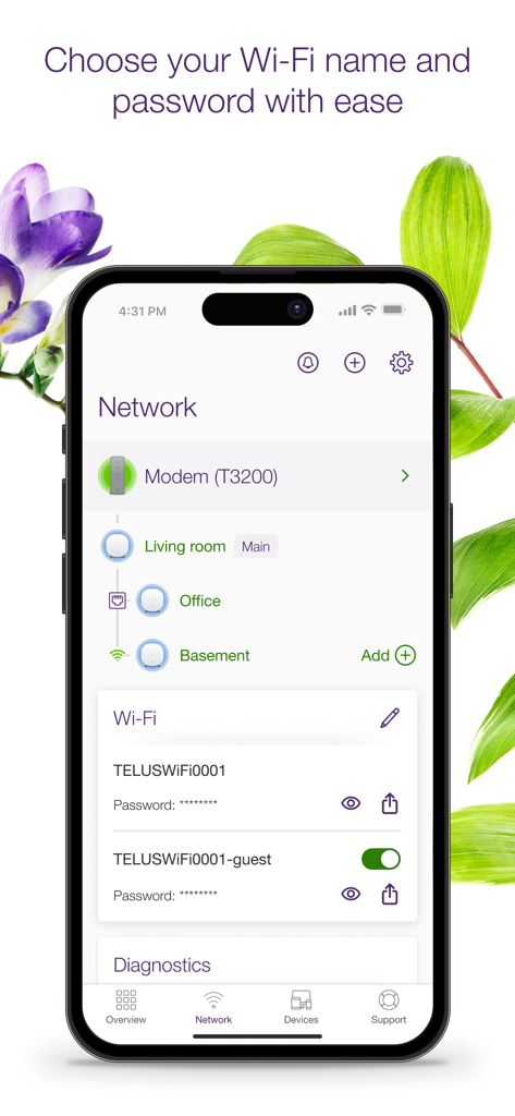 TELUS Connect app interface showing home network devices and Wi-Fi password management options