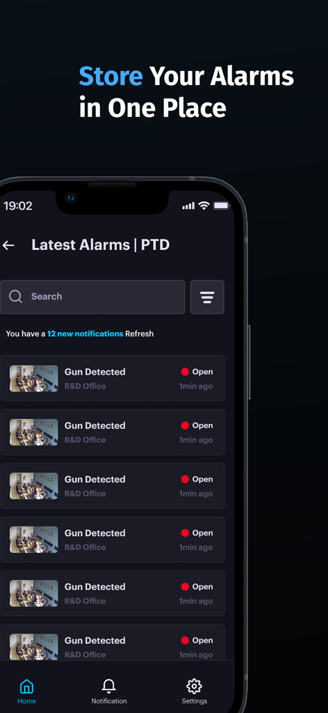 Scylla AI - Scylla AI mobile app dashboard displaying a list of real time gun detection alerts for an office location