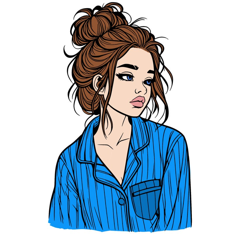 realistic woman with pajamas on and a messy bun