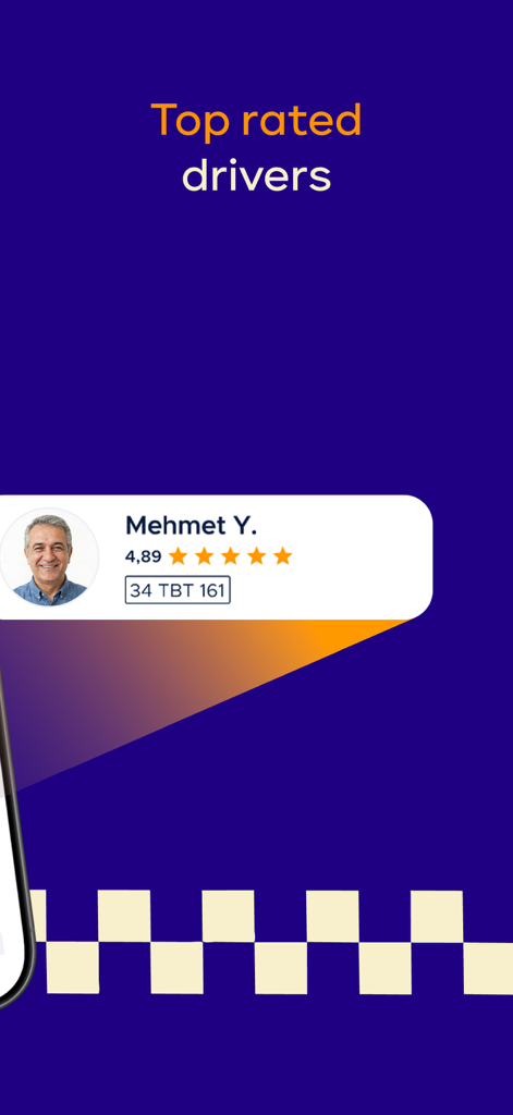 A screenshot of the BiTaksi app interface displaying the top rated drivers feature with a driver profile example
