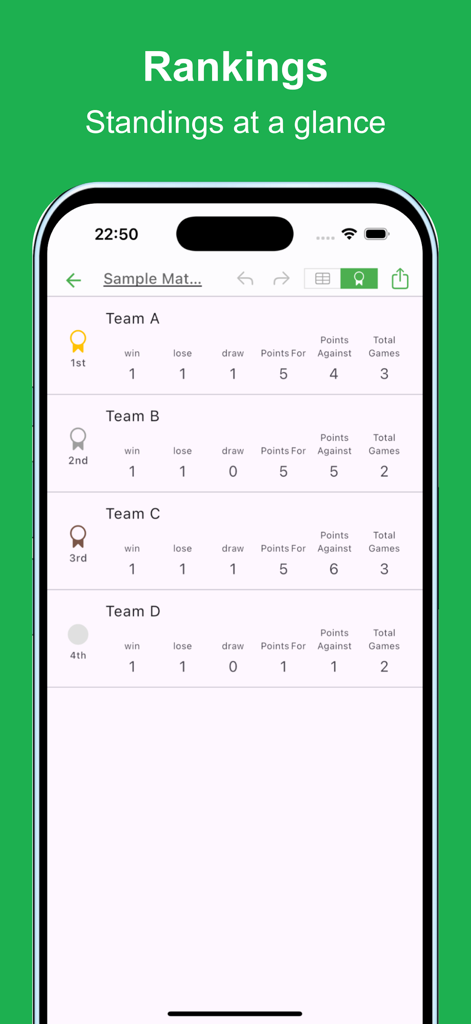 Simple MatchTable - Simple MatchTable app rankings screen displaying team standings and game statistics