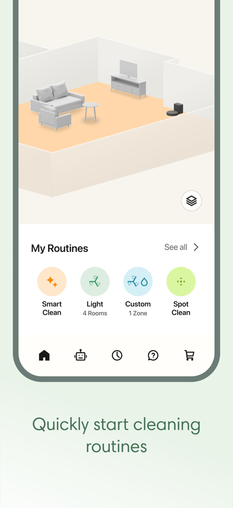 Interface de l'application Roomba Home montrant la cartographie 3D et les routines de nettoyage