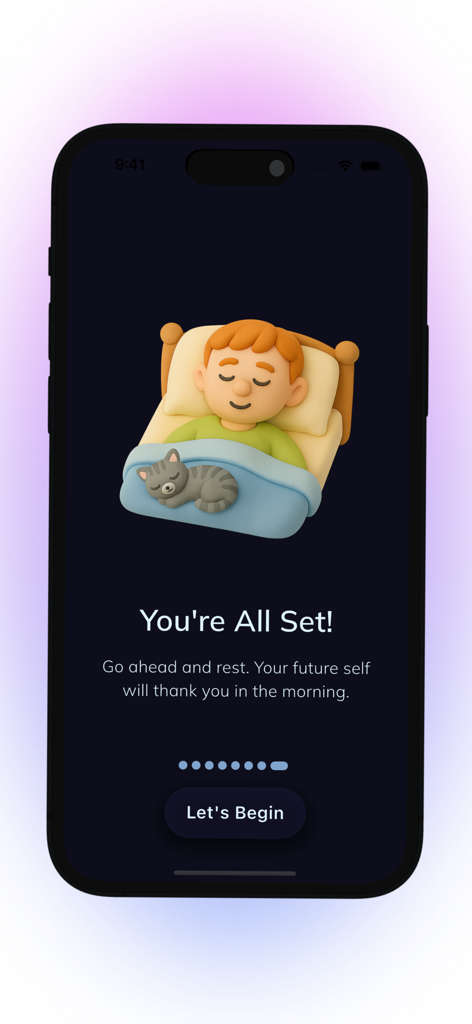 Snoozers: The End of Snoozing - Snoozers app confirmation screen showing a boy and a cat sleeping peacefully with the message You're All Set.