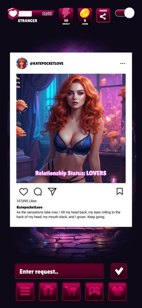 Mobile app interface of Pocket Love Gamer Girl showing a social media style post with a virtual redhead companion and the relationship status set to lovers