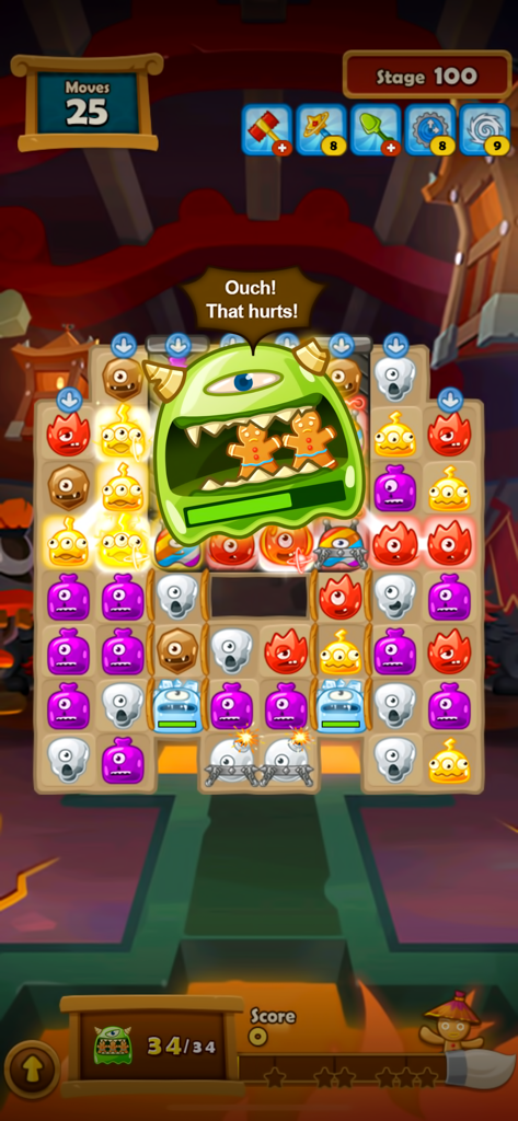 Monster Busters Link Flash gameplay showing a boss monster on stage 100 of the puzzle game