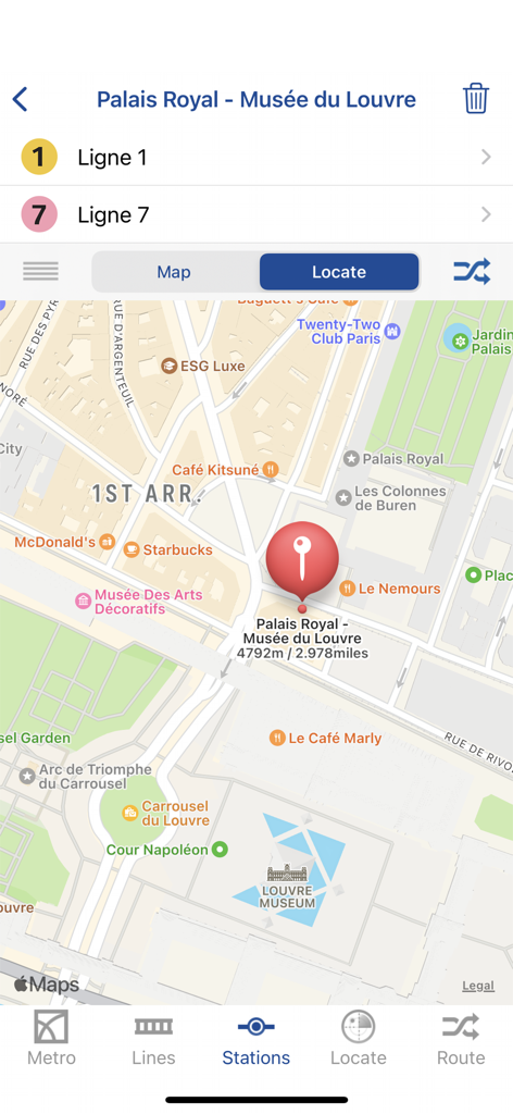 Metro Paris Subway - Metro Paris Subwayアプリがマップ上にルーブル美術館駅を表示