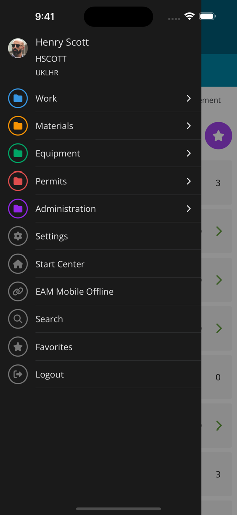 Sidebar menu of the HxGN EAM Digital Work mobile app showing options for work materials equipment and permits