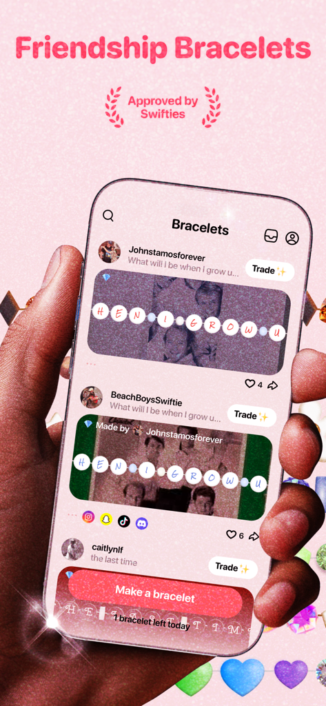 Uma tela de celular mostrando um feed de pulseiras da amizade digitais criadas por usuários com opções para trocar e fazer novas