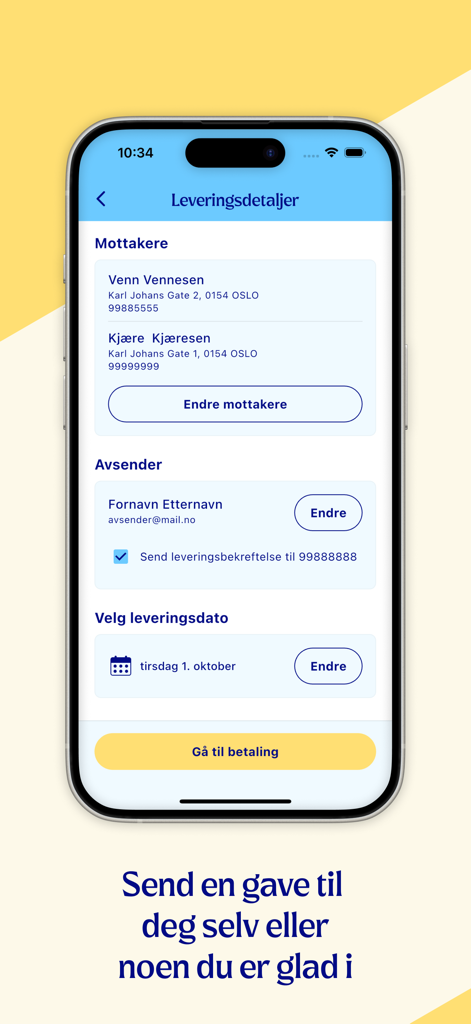 Morgenlevering - Delivery details screen in the Morgenlevering app with recipient and date selection