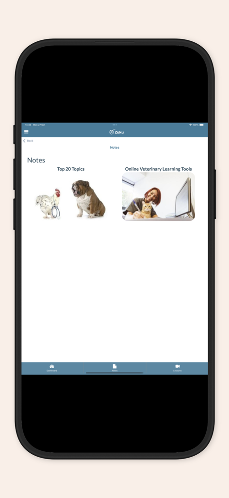 ZukuReview app screen showing study notes for top veterinary topics and online learning tools