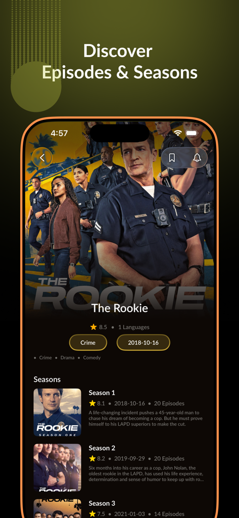 Écran de l'application MovieBox montrant les saisons de séries télévisées et les descriptions des épisodes.