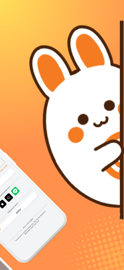 Nusaresearch - Nusaresearch mobile app login screen featuring a cute white bunny mascot and social sign-in options