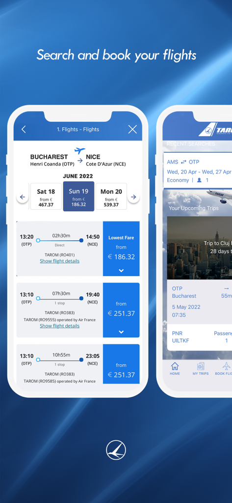 Schermata di ricerca e risultati di prenotazione voli dell'app mobile TAROM