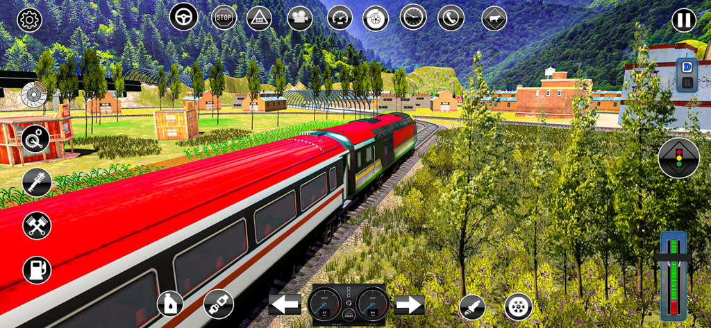 Rails Express Train Simulator - Gameplay screenshot of Rails Express Train Simulator showing a red and green train on a scenic mountain track with game controls