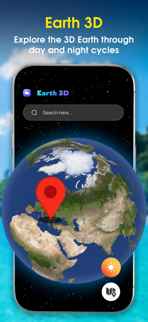 Live Satellite View - 3D Map - Una interfaz de aplicación móvil que muestra un globo terráqueo 3D con un marcador de ubicación rojo y una barra de búsqueda.