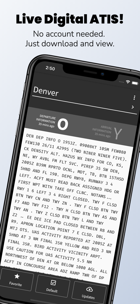 Interfaz de la ATIS App mostrando el informe Digital ATIS en vivo para el aeropuerto de Denver
