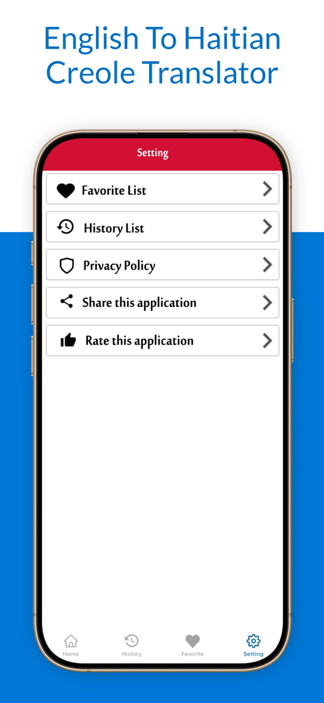 Captura de pantalla del menú de configuración en la aplicación Traductor de Inglés a Criollo Haitiano con lista de favoritos, lista de historial y opciones para compartir.