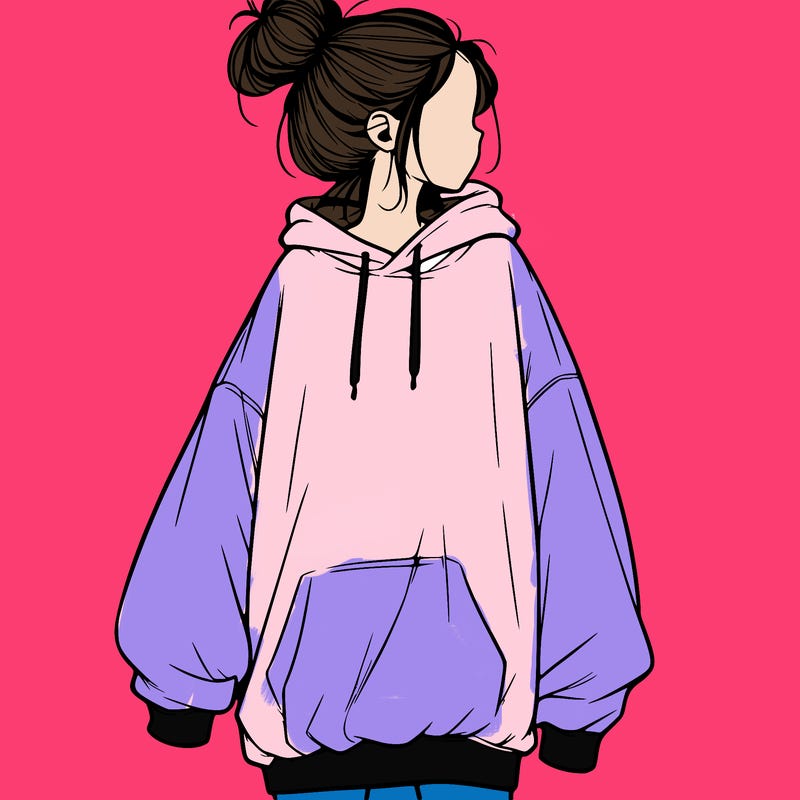 realistic girl with a oversized sweatshirt on and a bun