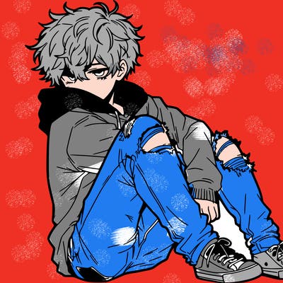 a male hoddie ripped jeans messy hair anime
