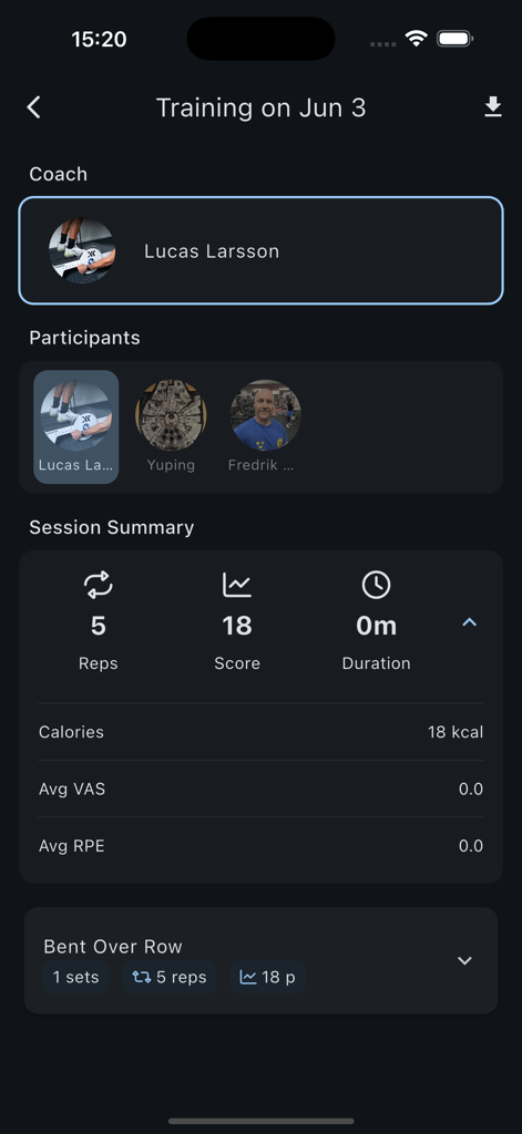 Exxentric 2.0 - Resumen de sesión de entrenamiento de Exxentric 2.0 que muestra participantes del entrenador y métricas de entrenamiento para el entrenamiento de cadencia
