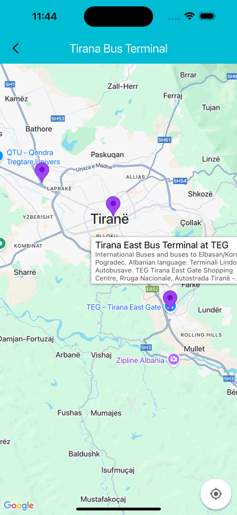 Albania Bus Timetable - A map of Tirana in the Albania Bus Timetable app showing multiple bus terminal locations with descriptive pins.