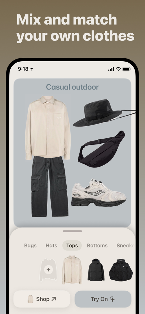 Aesty: AI Outfit Maker - Aesty app interface for mixing and matching clothes to create a casual outdoor outfit moodboard