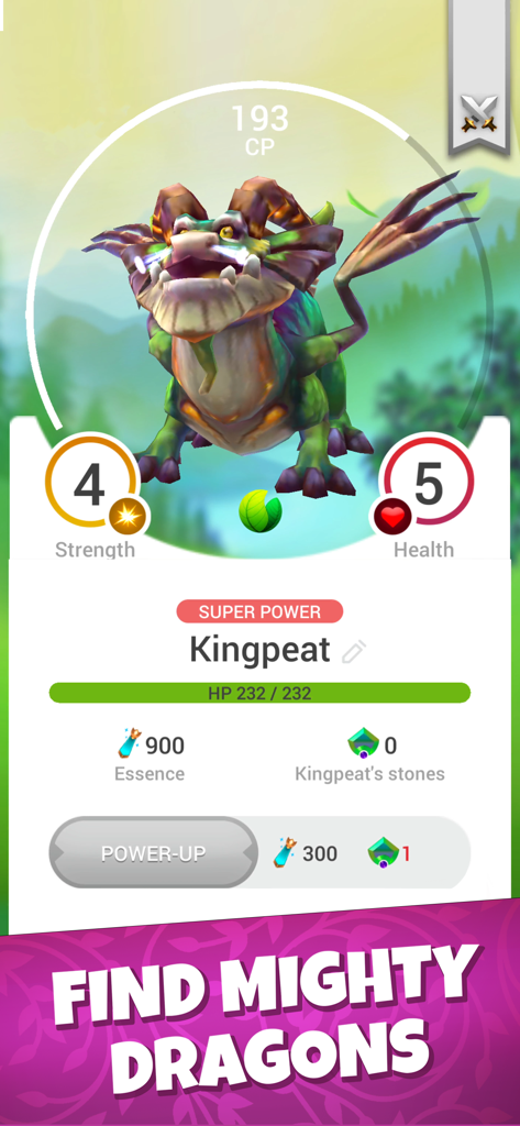 Draconius GO: Catch a Dragon! - Character profile screen of a dragon named Kingpeat in Draconius GO showing its stats and power up options