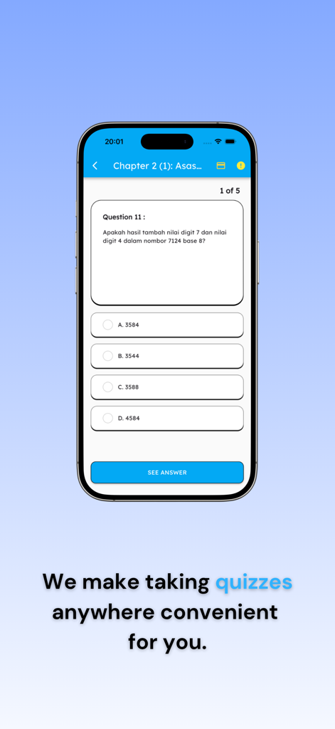 JomStudy app displaying a multiple choice math quiz question for Malaysian KSSM students