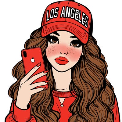 realistic beautiful girl wearing los ángeles cap holding an iphone