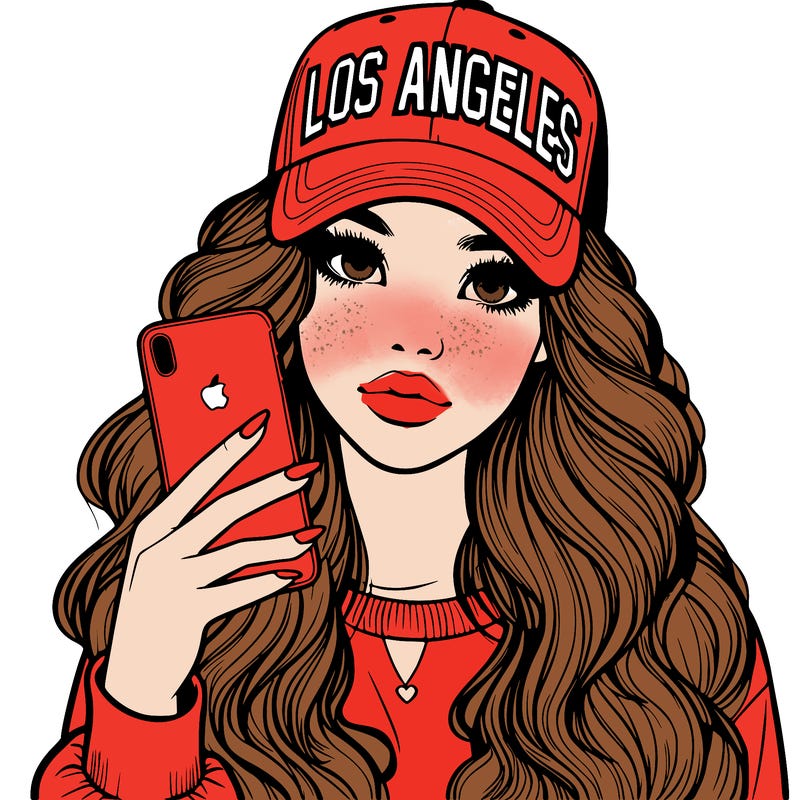 realistic beautiful girl wearing los ángeles cap holding an iphone