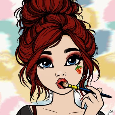 realistic girl with messy bun holding a paint brush in her mouth