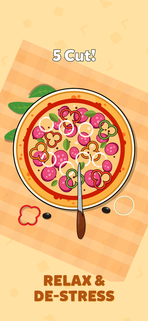 Mini Games: Calm & Relax - Relax and De-stress 텍스트가 있는 만족스러운 피자 커팅 미니 게임의 탑다운 뷰